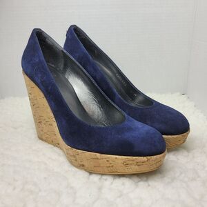 Stuart Weitzman Women's Cork Wedge Shoes Size 8.5 Navy Blue Suede Shoes